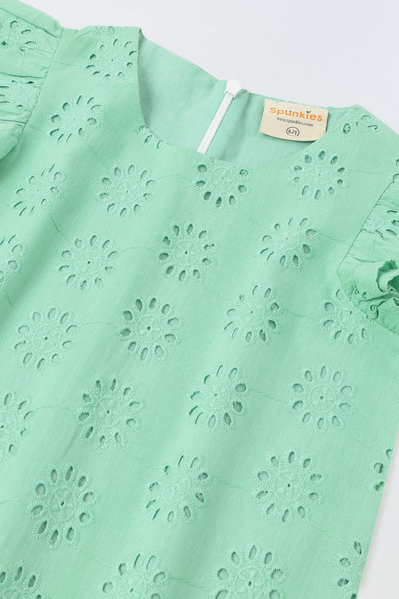 Spunkies Green Cotton Schiffli Dress For Girls