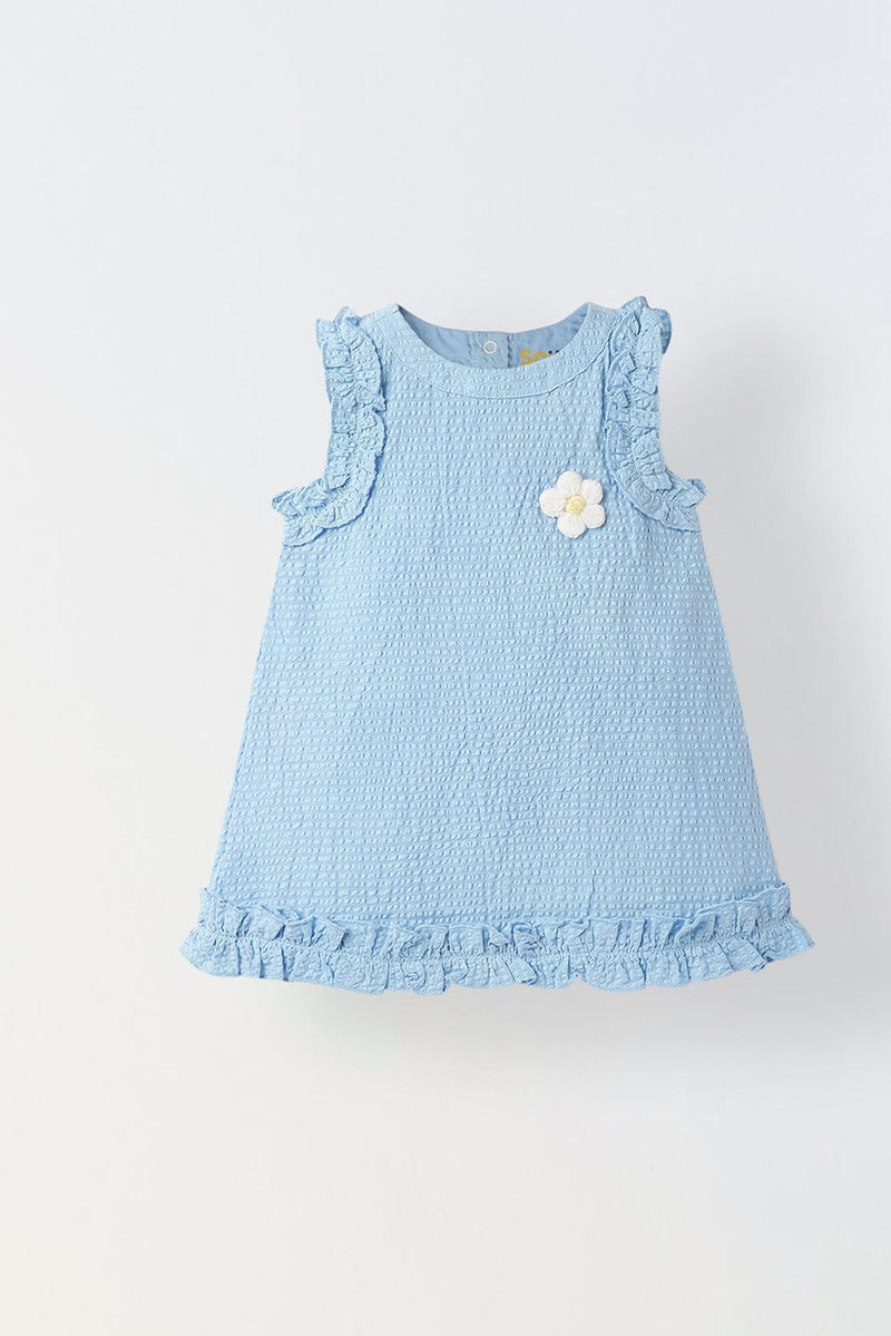 Spunkies Infant Girls' Blue Sleeveless Ruffled Cotton Dress