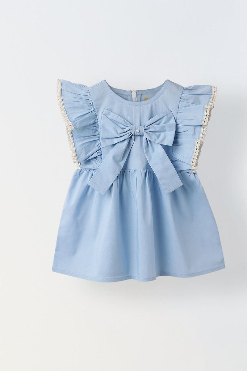 Spunkies Infant Girls' Blue Ruffled Sleeve Cotton Dress