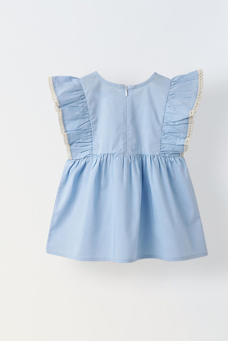 Spunkies Infant Girls' Blue Ruffled Sleeve Cotton Dress