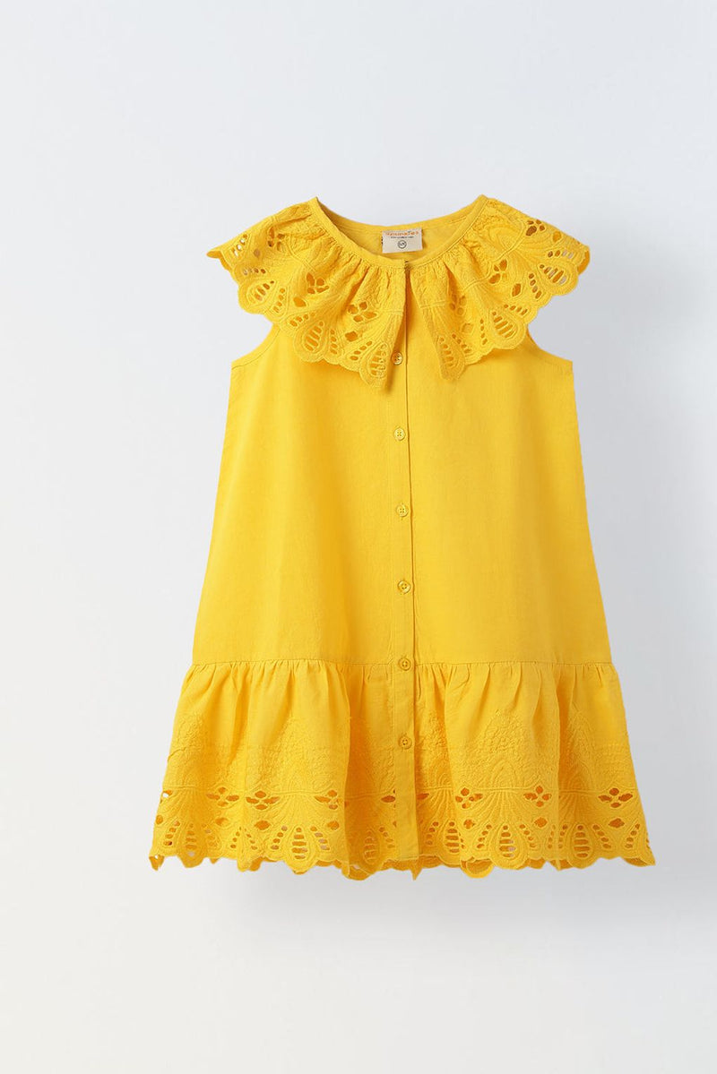 Spunkies Yellow Cotton Round Neck Schiffli Dress For Girls