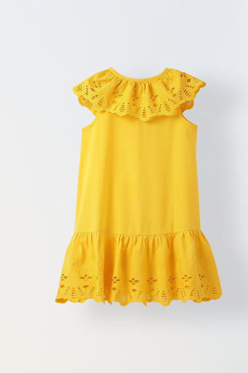 Spunkies Yellow Cotton Round Neck Schiffli Dress For Girls
