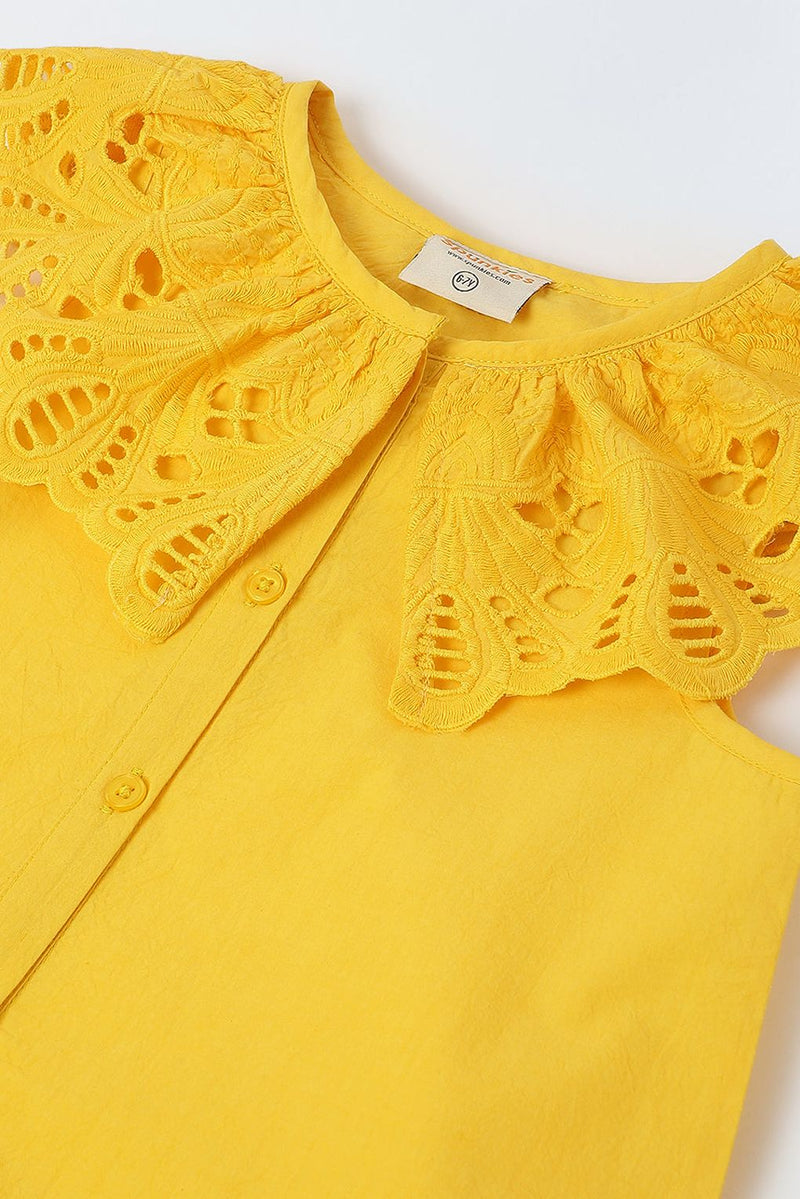 Spunkies Yellow Cotton Round Neck Schiffli Dress For Girls