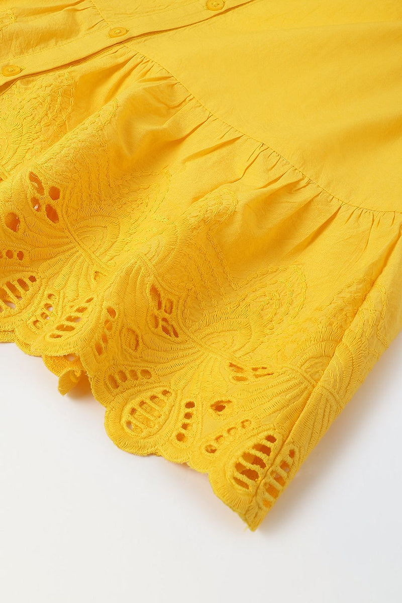 Spunkies Yellow Cotton Round Neck Schiffli Dress For Girls