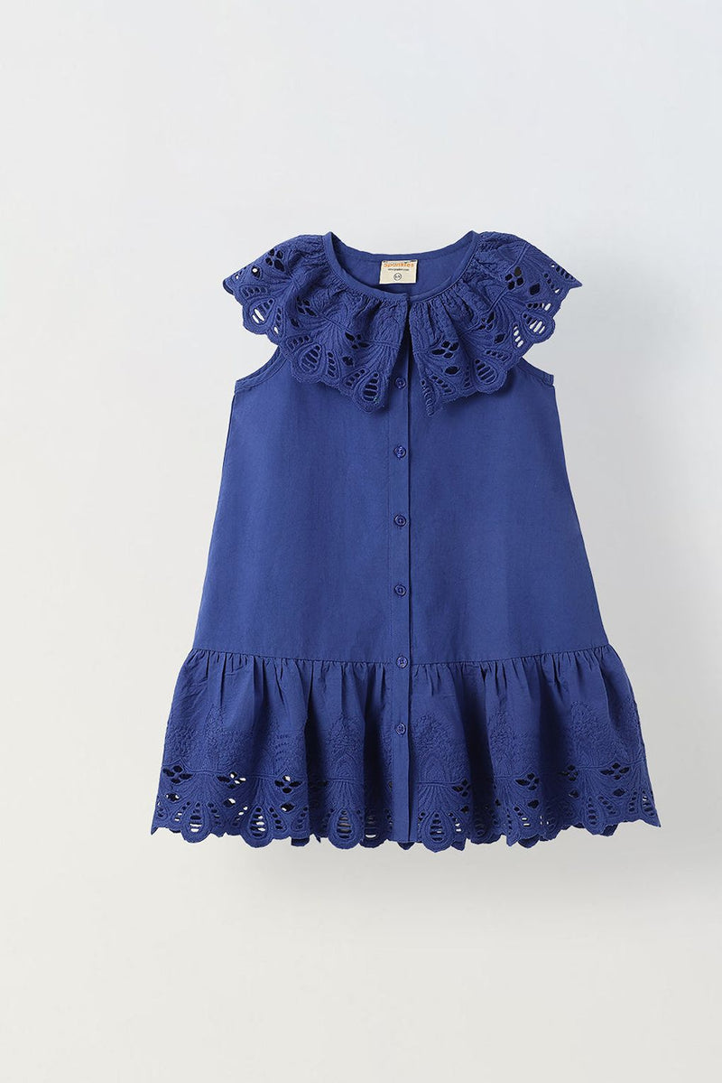 Spunkies Blue Cotton Round Neck Schiffli Dress For Girls