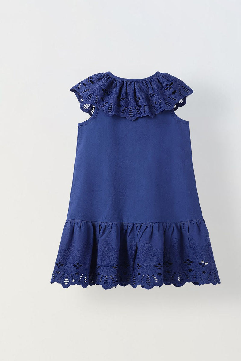 Spunkies Blue Cotton Round Neck Schiffli Dress For Girls