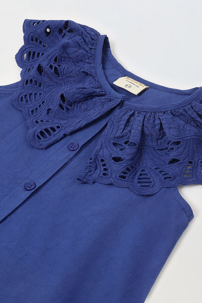 Spunkies Blue Cotton Round Neck Schiffli Dress For Girls