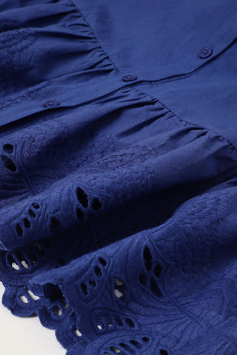 Spunkies Blue Cotton Round Neck Schiffli Dress For Girls