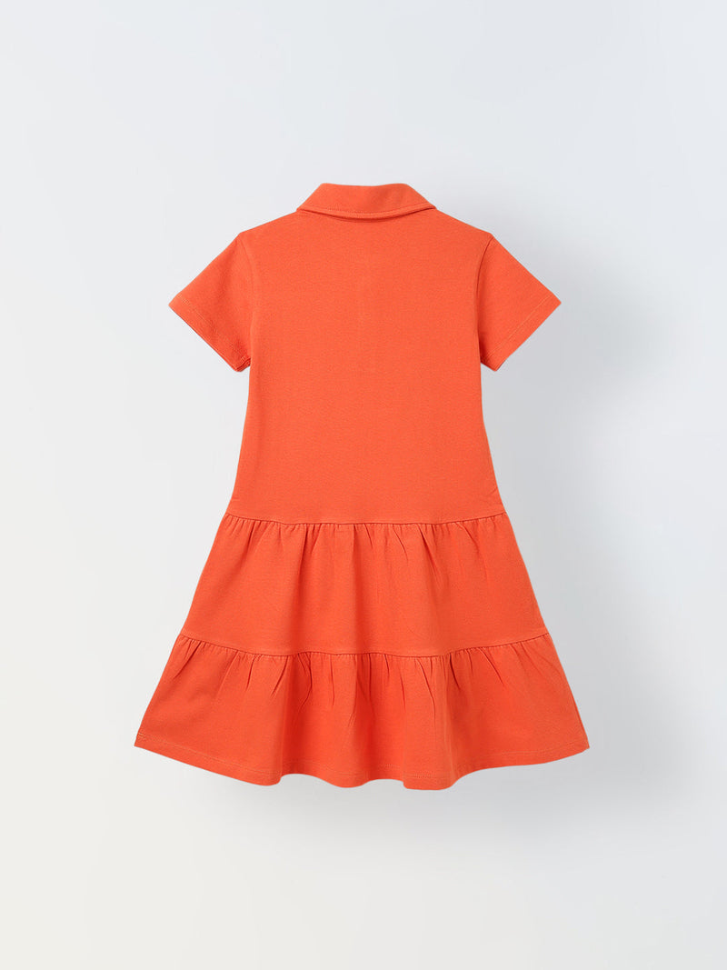 Spunkies Red Girls Solid Collared Short Sleeves Tiered Dress