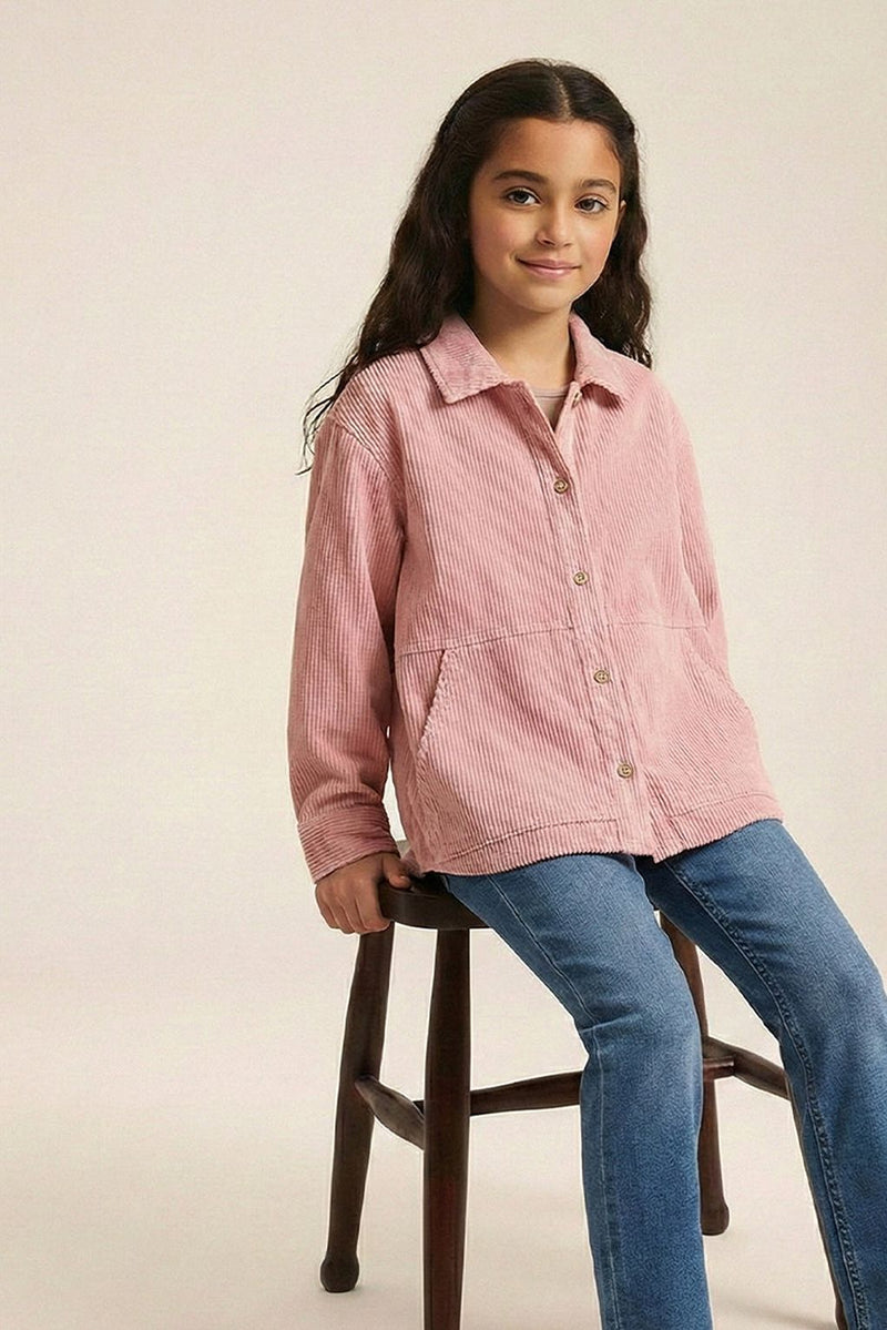 Spunkies Girls Pink Rib Texture Corduroy Jacket With Dual Packet