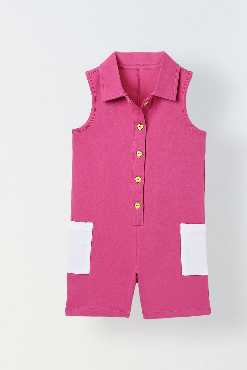 Spunkies Pink Girls Color-Blocked Spread Collar Sleeveless Jumpsuit