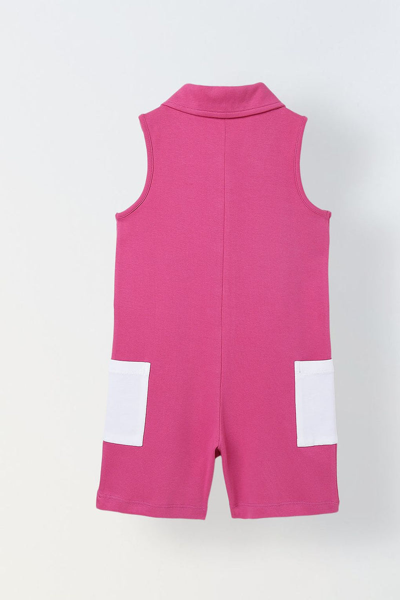 Spunkies Pink Girls Color-Blocked Spread Collar Sleeveless Jumpsuit