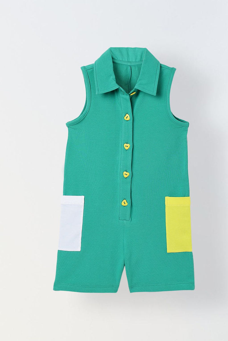 Spunkies Green Girls Color-Blocked Spread Collar Sleeveless Romper