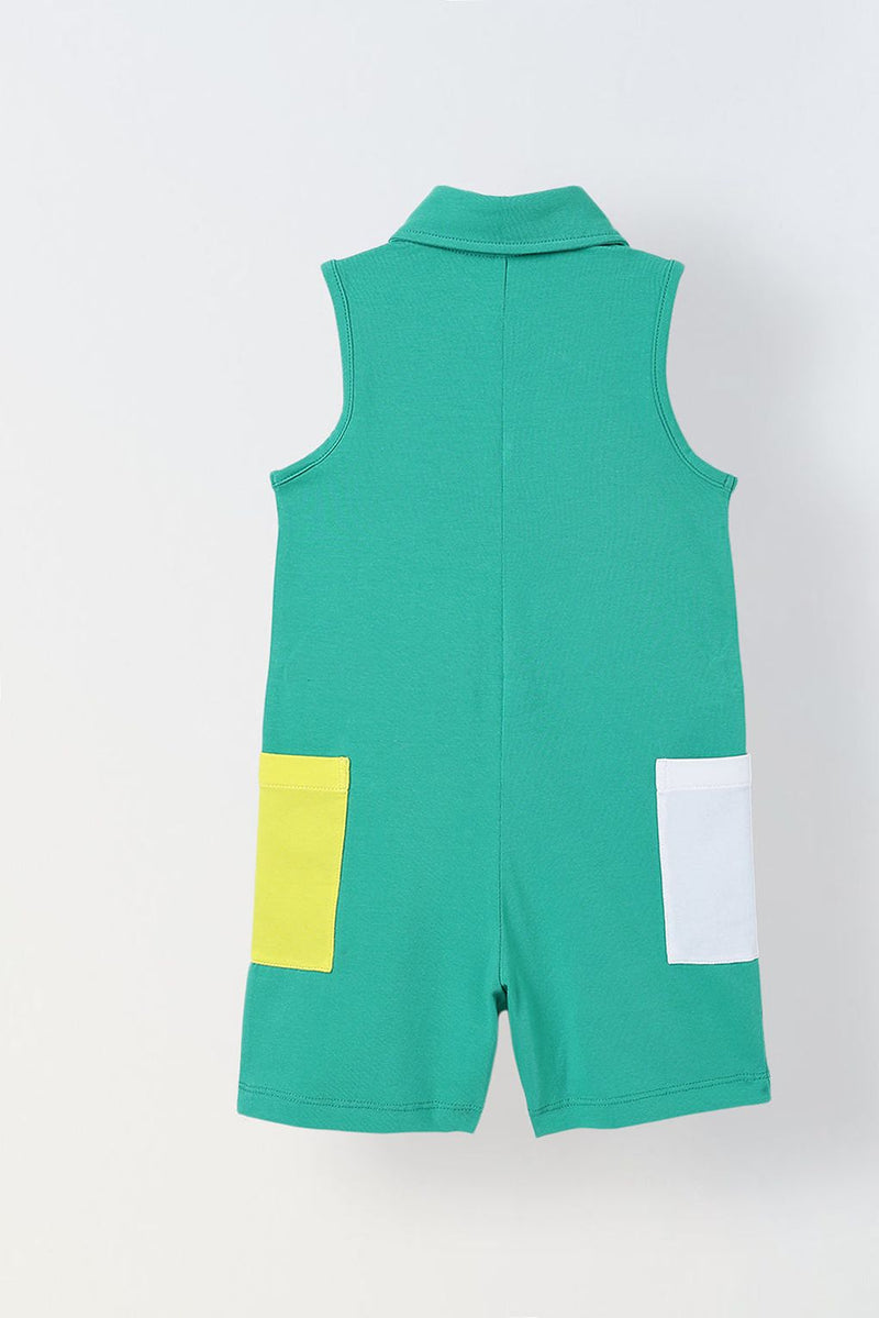 Spunkies Green Girls Color-Blocked Spread Collar Sleeveless Romper