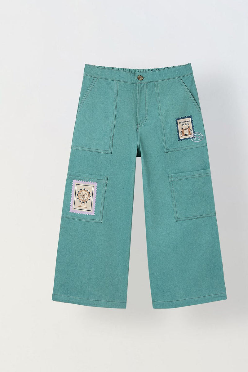 Spunkies Girls Green Graphic Print Button and Zip Straight Leg Flat-Front Trousers