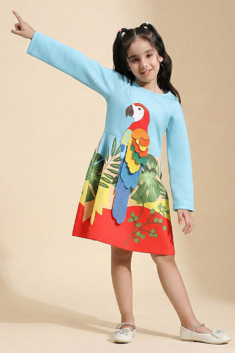 Spunkies Blue Parrot Graphic Printed Dress for Girls