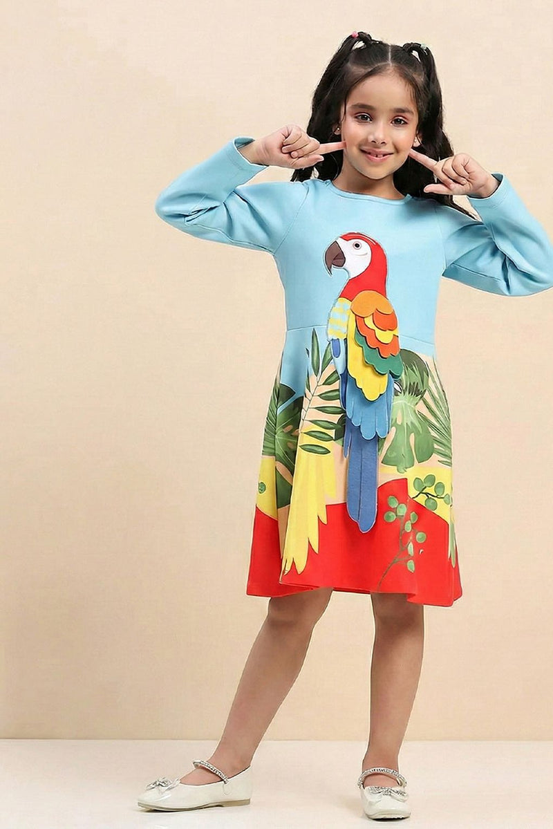 Spunkies Blue Parrot Graphic Printed Dress for Girls