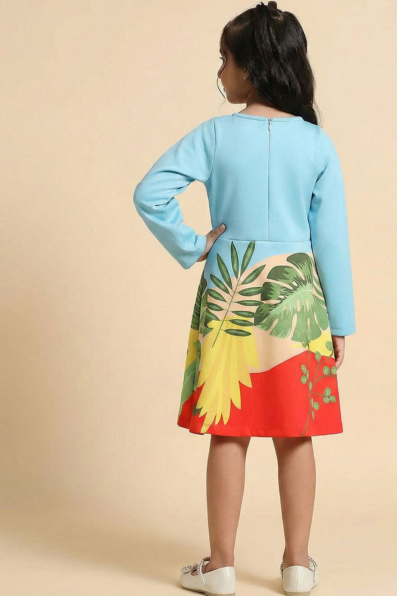 Spunkies Blue Parrot Graphic Printed Dress for Girls