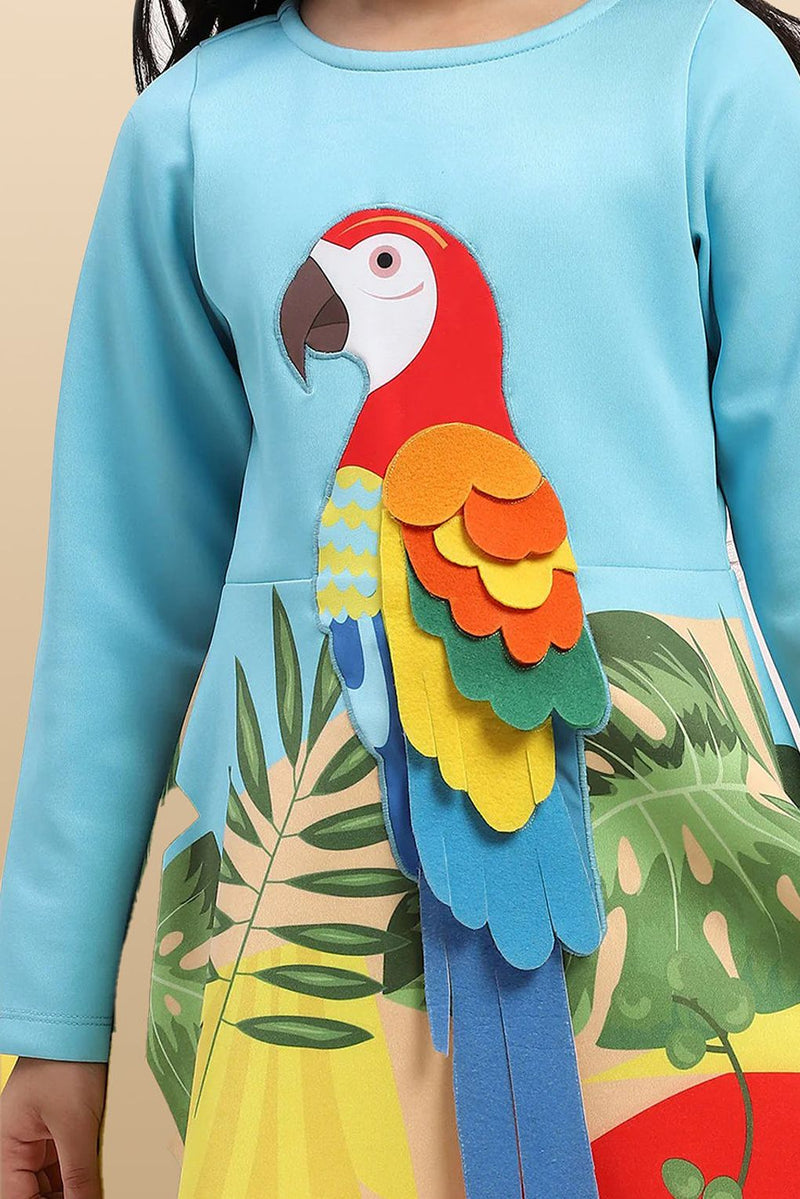 Spunkies Blue Parrot Graphic Printed Dress for Girls
