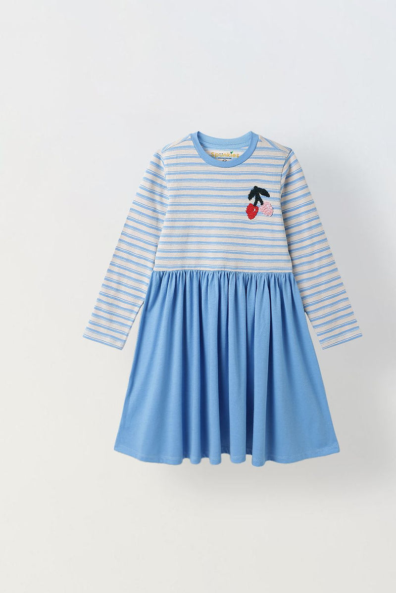 Spunkies Girls Blue Striped Full Sleeves Dress
