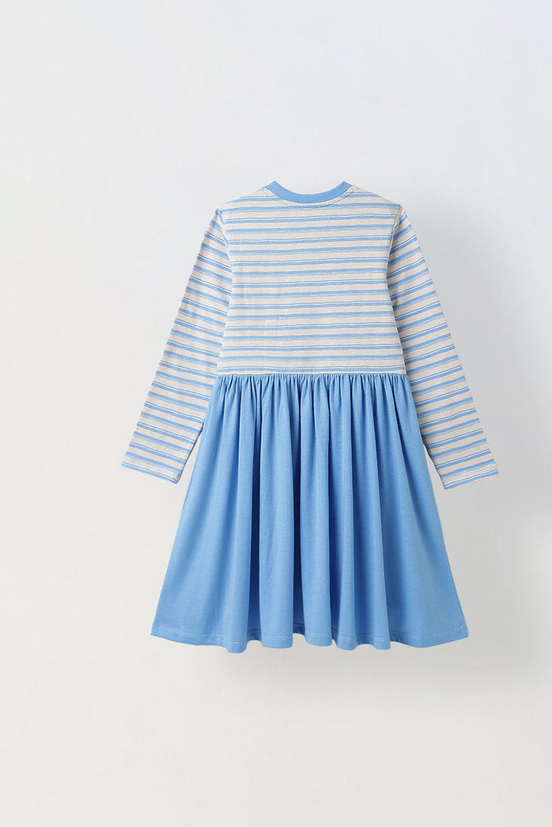 Spunkies Girls Blue Striped Full Sleeves Dress