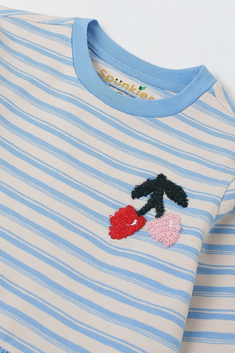 Spunkies Girls Blue Striped Full Sleeves Dress