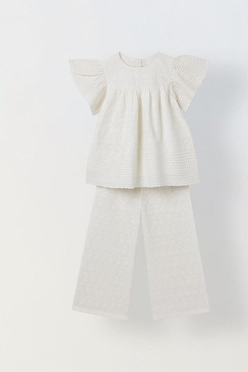 Spunkies Girls White Geometric Embroidered Round Neck Short Sleeves Top and Trouser Set