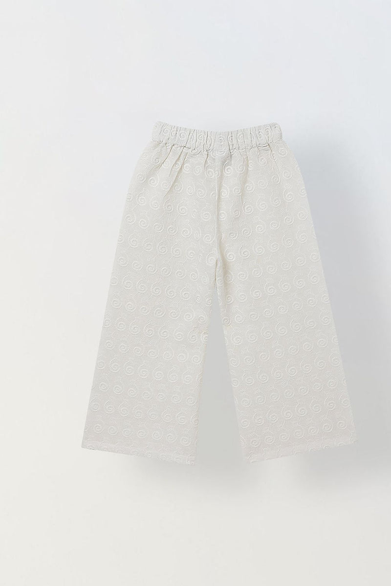 Spunkies Girls White Geometric Embroidered Round Neck Short Sleeves Top and Trouser Set