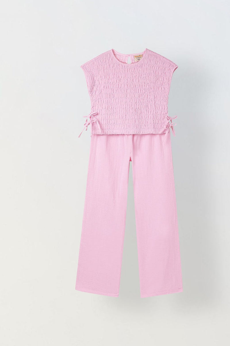 Spunkies Girls Pink Smocked Round Neck Sleeveless Top and Trousers Set