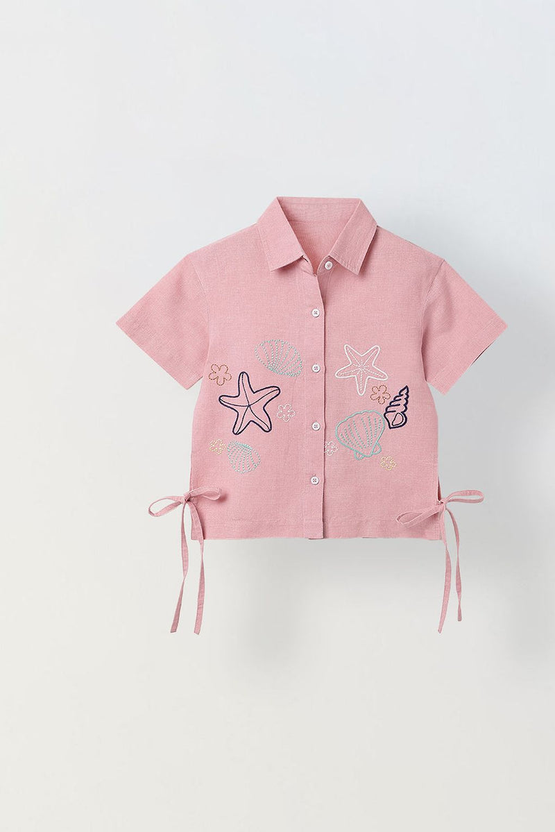 Spunkies Pink Girls Embroidered Spread Collar Short Sleeves Side Tie Shirt