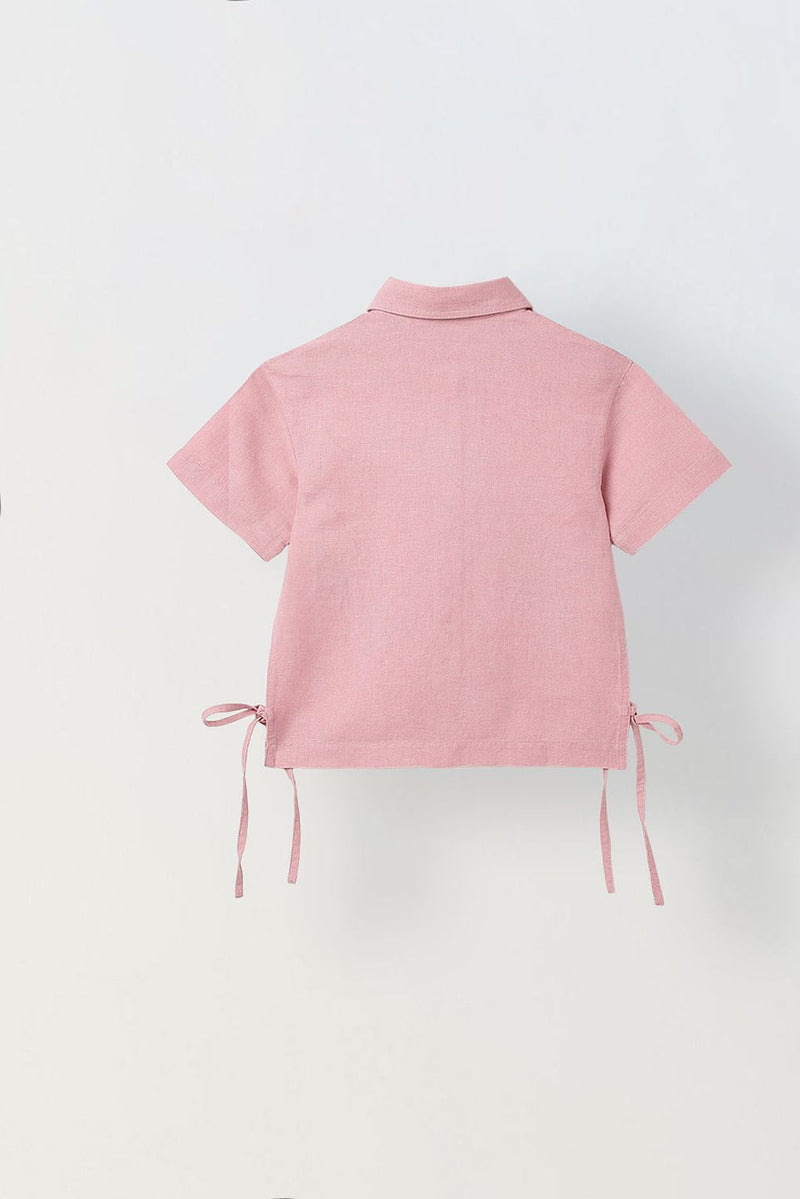 Spunkies Pink Girls Embroidered Spread Collar Short Sleeves Side Tie Shirt