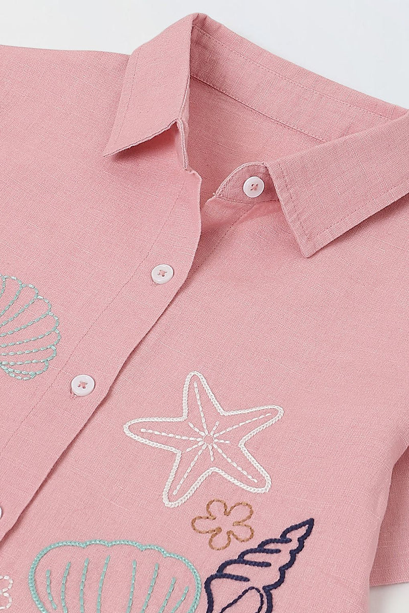 Spunkies Pink Girls Embroidered Spread Collar Short Sleeves Side Tie Shirt