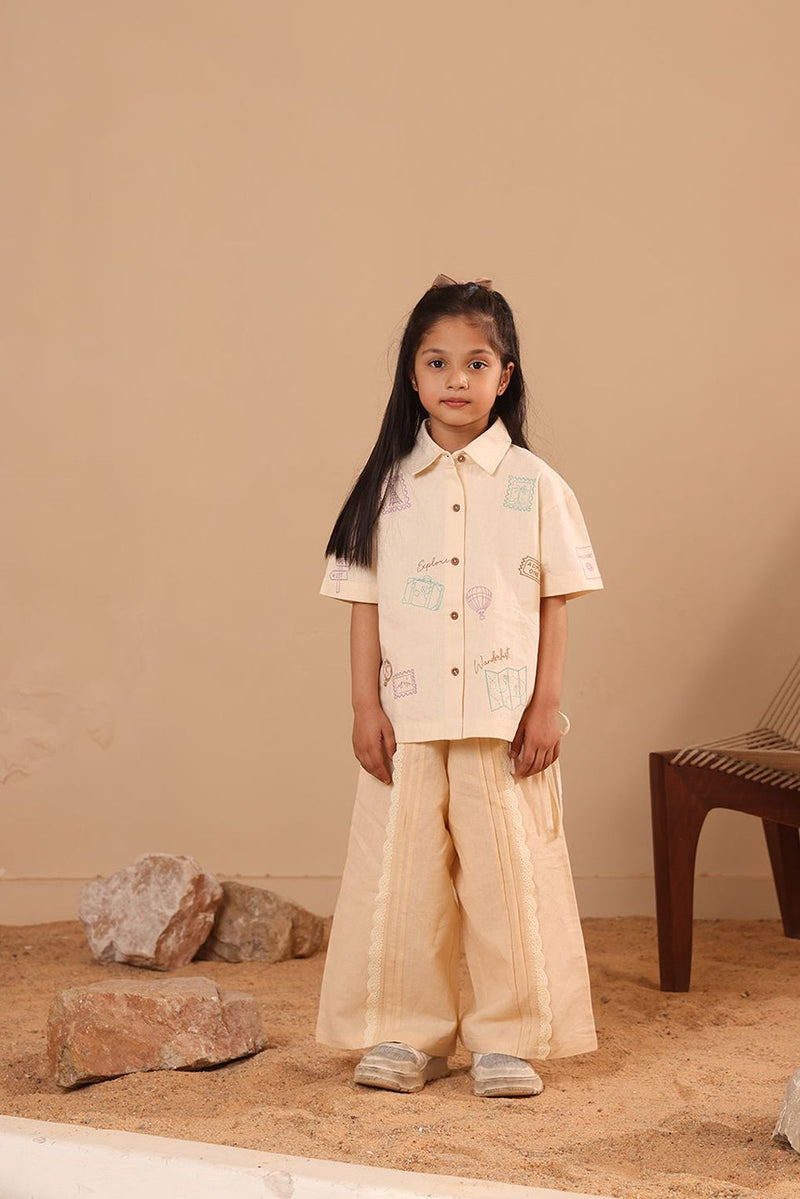 Spunkies Beige Girls Embroidered Spread Collar Short Sleeves Side Tie Shirt