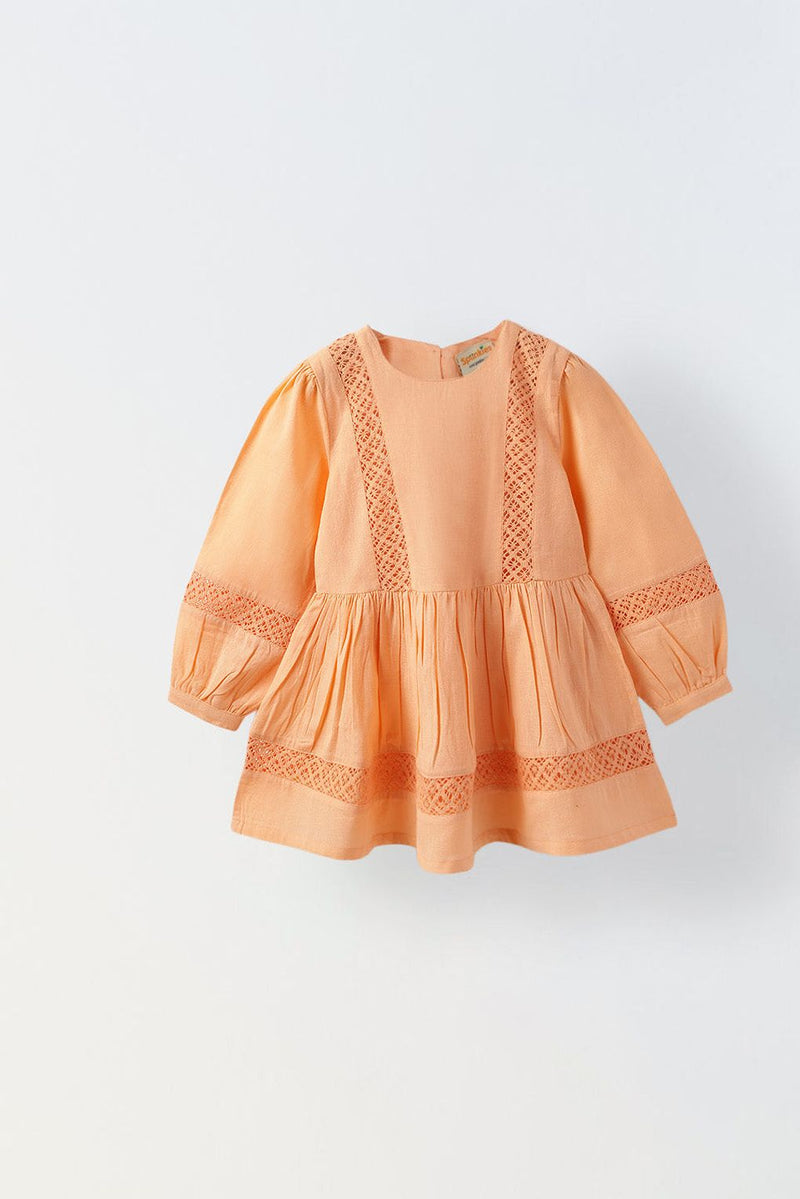 Girls Peach Cotton Lace Round Neck Top