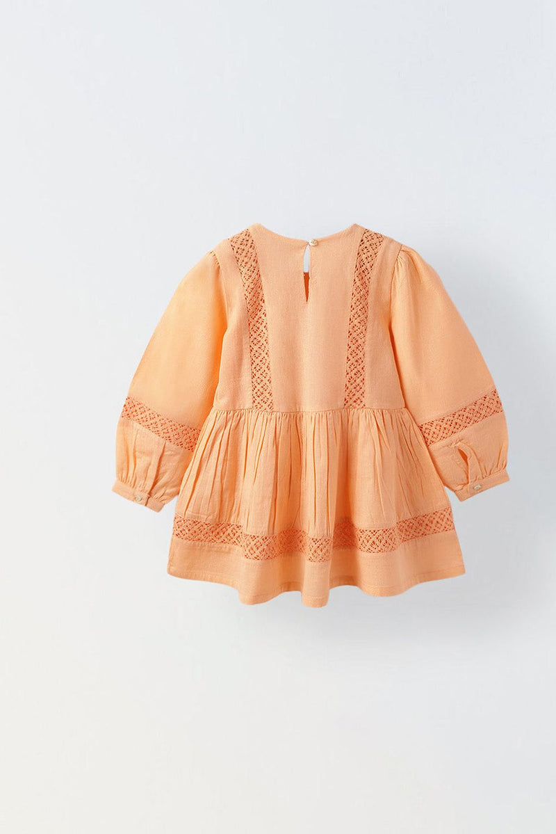 Girls Peach Cotton Lace Round Neck Top