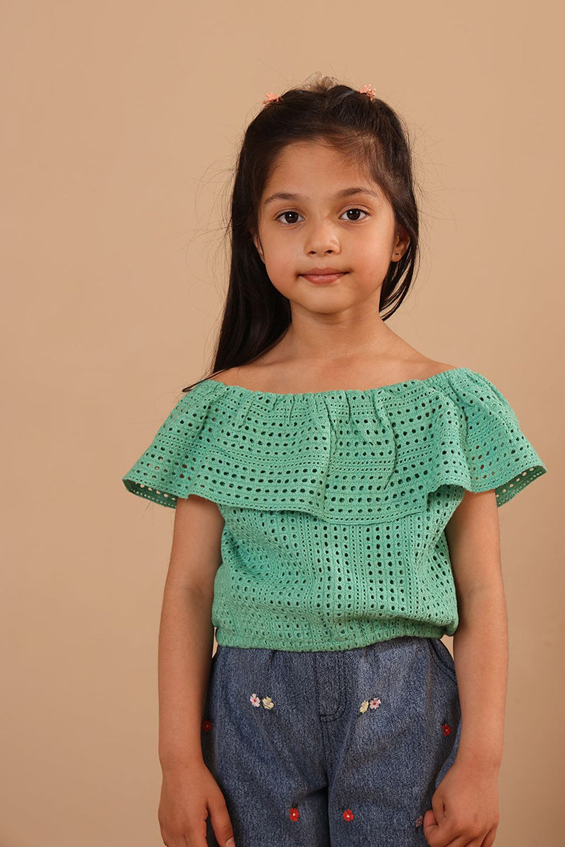 Spunkies Green Girls All-Over Eyelet Bardot Neck Short Sleeves Top