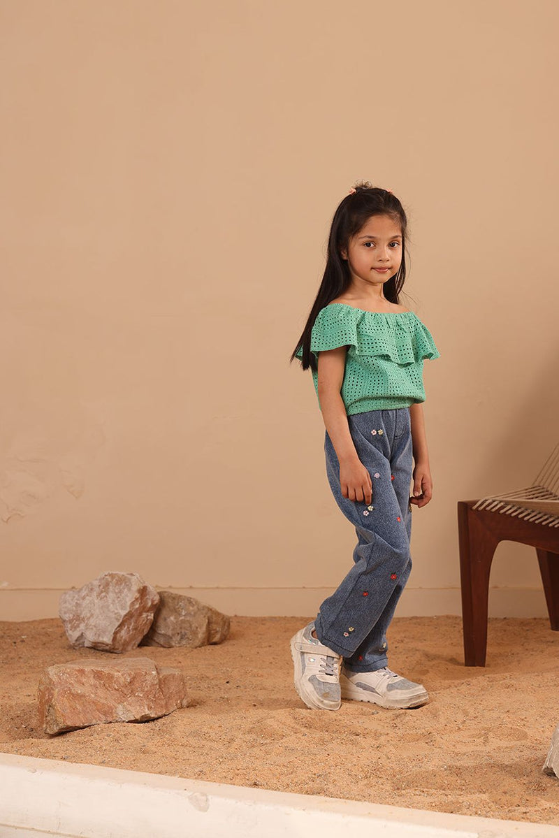 Spunkies Green Girls All-Over Eyelet Bardot Neck Short Sleeves Top