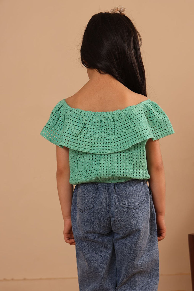 Spunkies Green Girls All-Over Eyelet Bardot Neck Short Sleeves Top