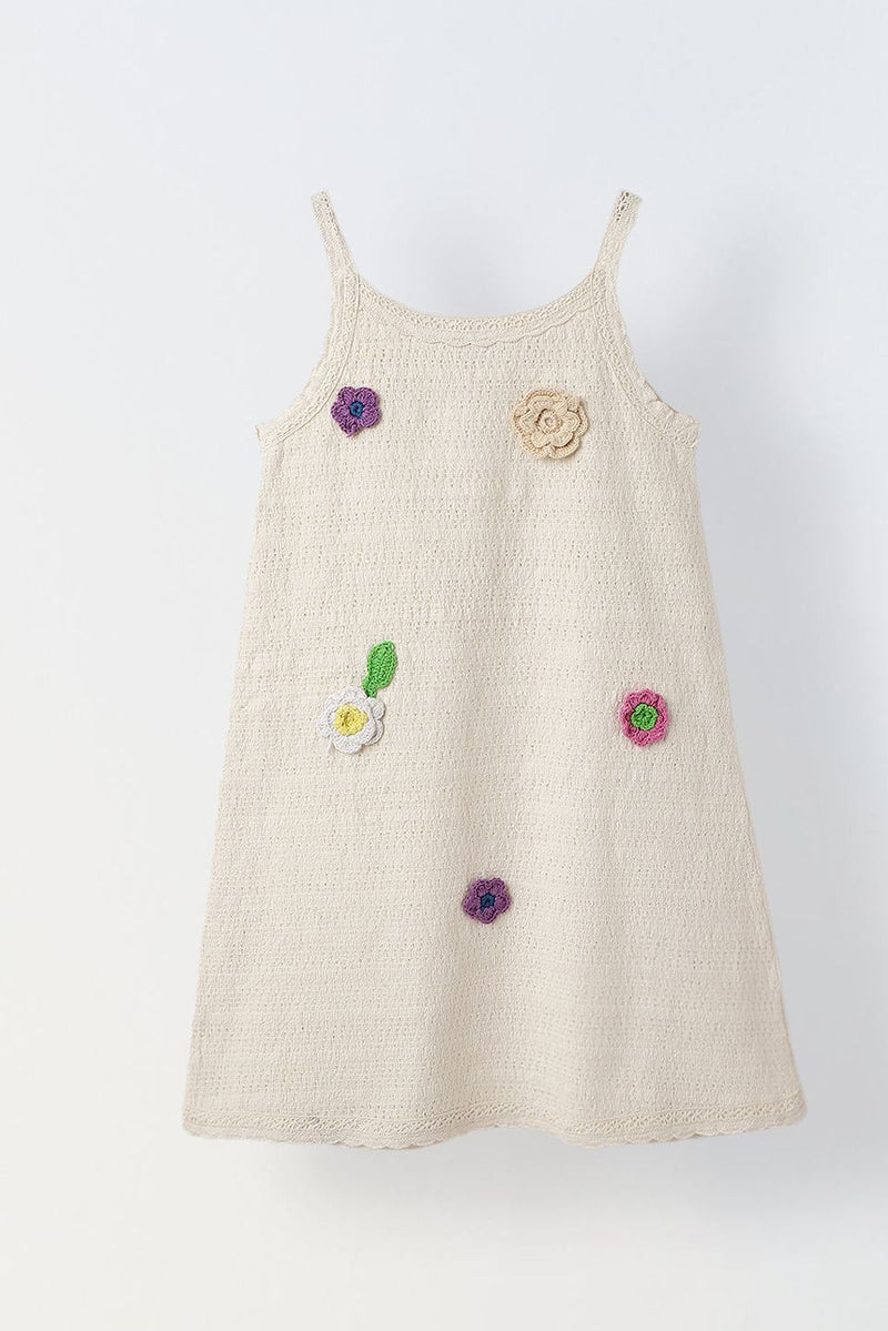 Spunkies Girls Ivory Cotton Crochet Round Neck A-line Dress