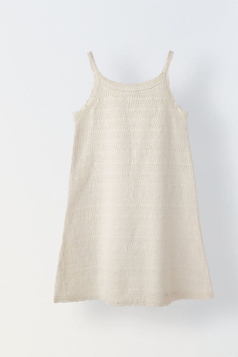 Spunkies Girls Ivory Cotton Crochet Round Neck A-line Dress