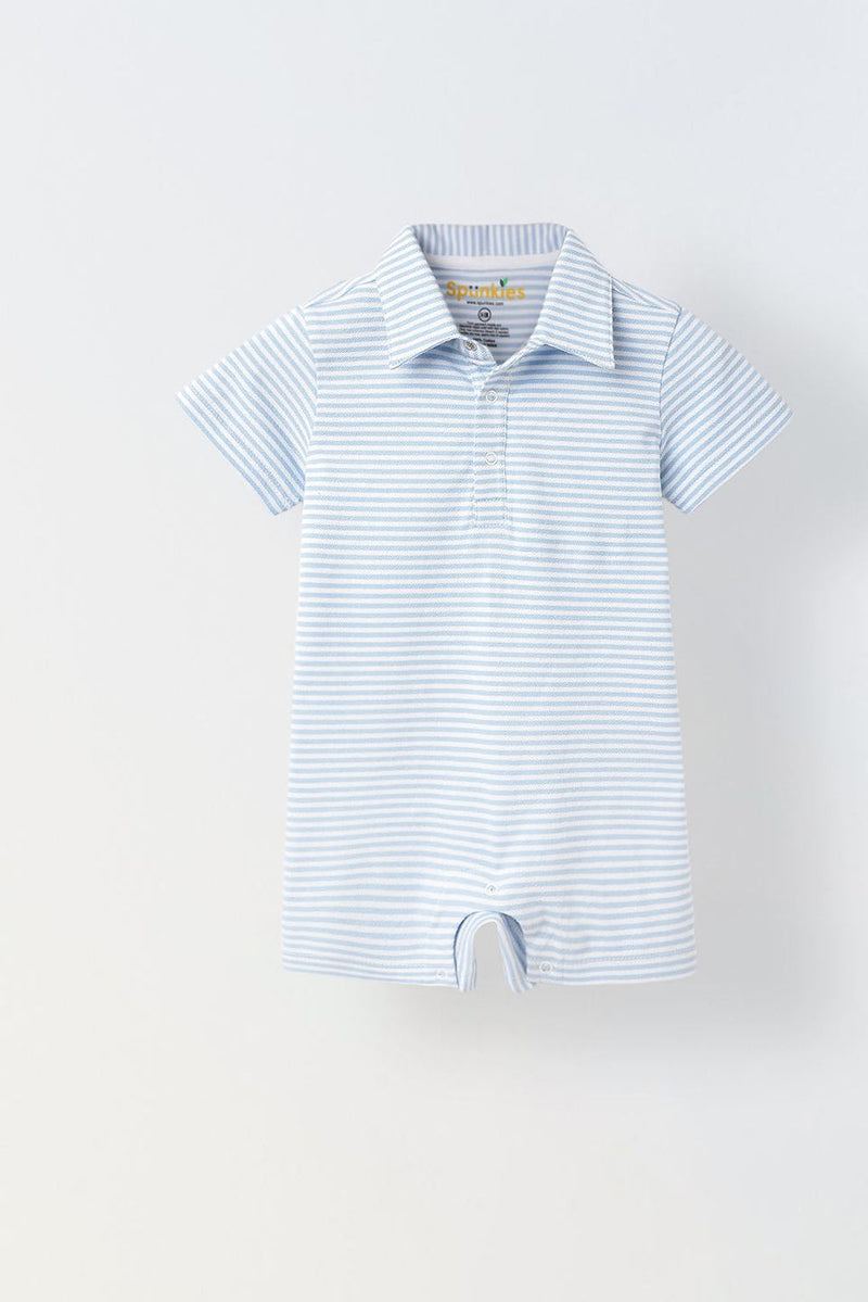Spunkies Infant Blue Stripe Cotton Collar Neck Romper
