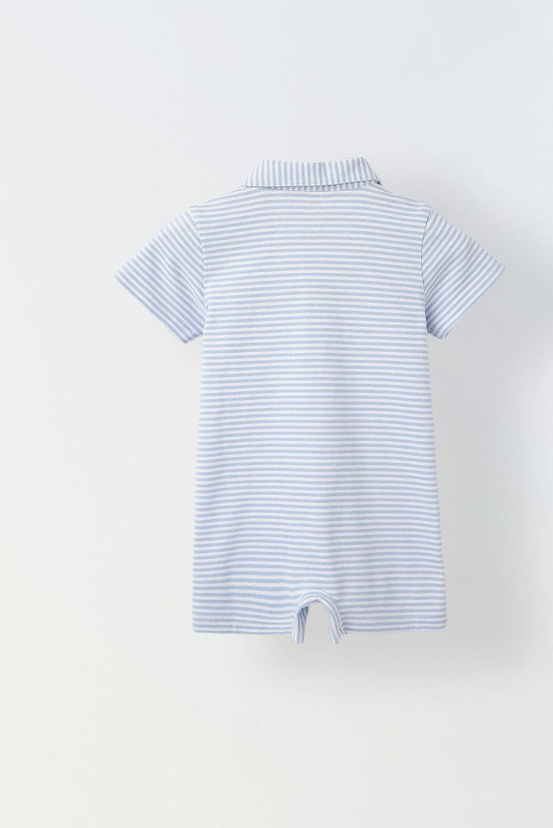 Spunkies Infant Blue Stripe Cotton Collar Neck Romper