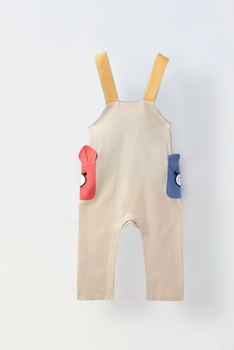 Spunkies Infant Beige Cotton Romper with Cartoon Pockets Overalls