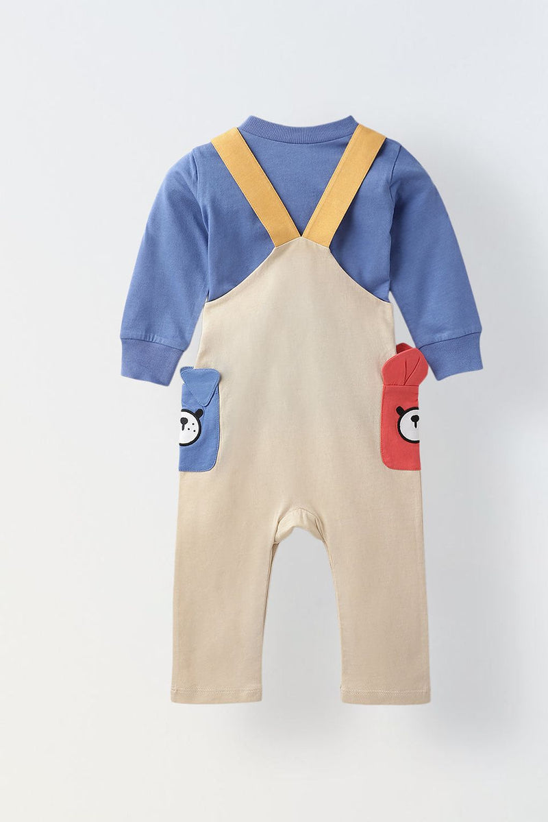 Spunkies Infant Beige Cotton Romper with Cartoon Pockets Overalls