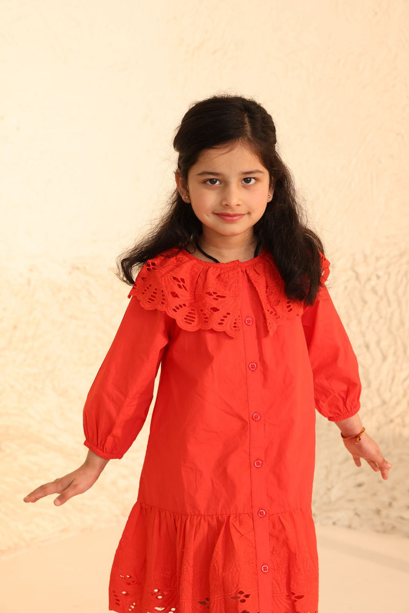 Spunkies Red Eyelet Lace Ruffle Dress-Girls