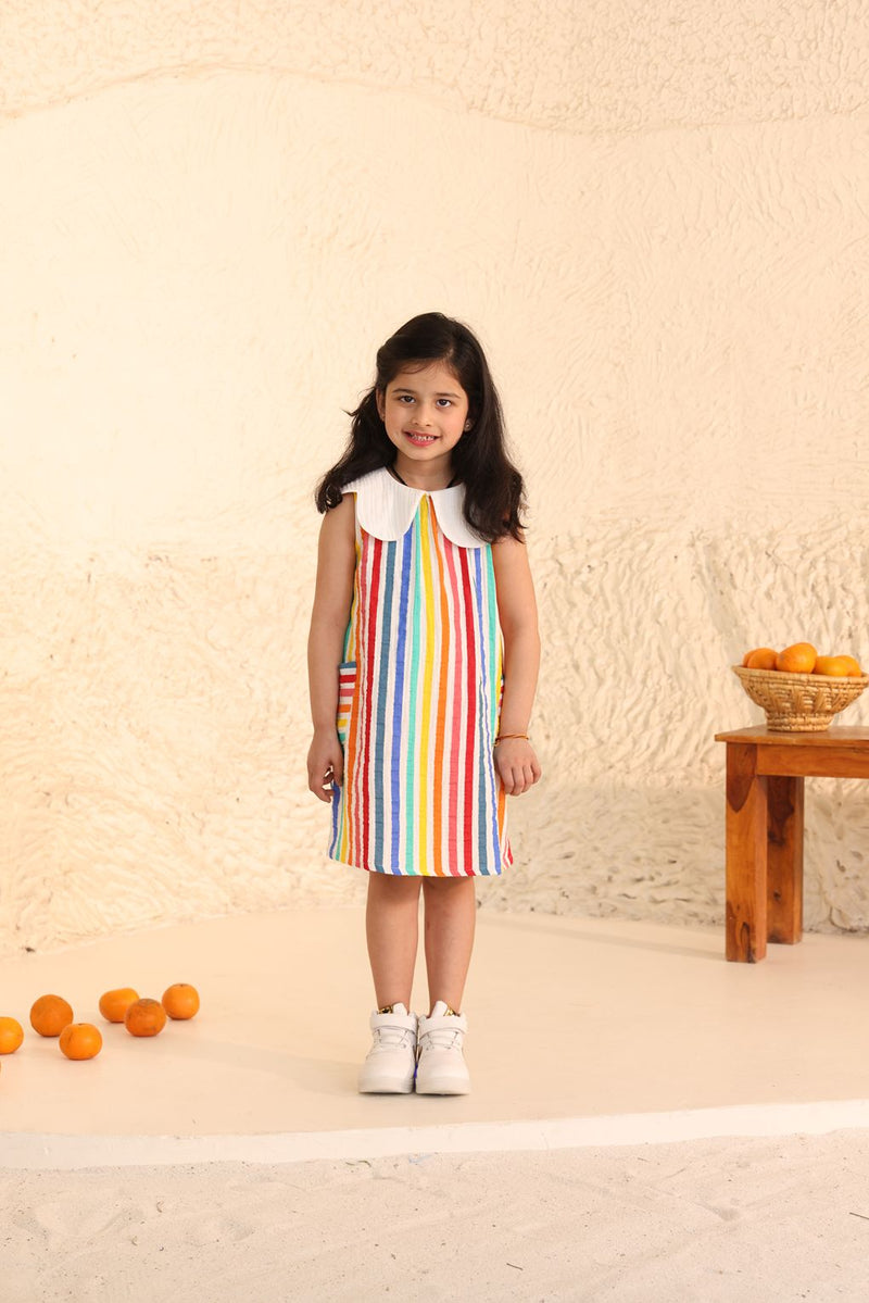 Spunkies Striped Sleeveless Dress with Peter Pan Collar