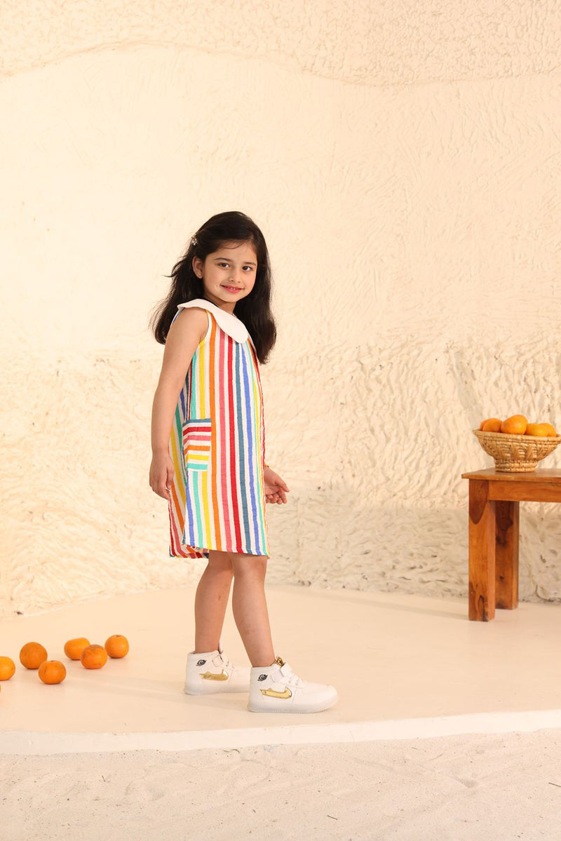 Spunkies Striped Sleeveless Dress with Peter Pan Collar
