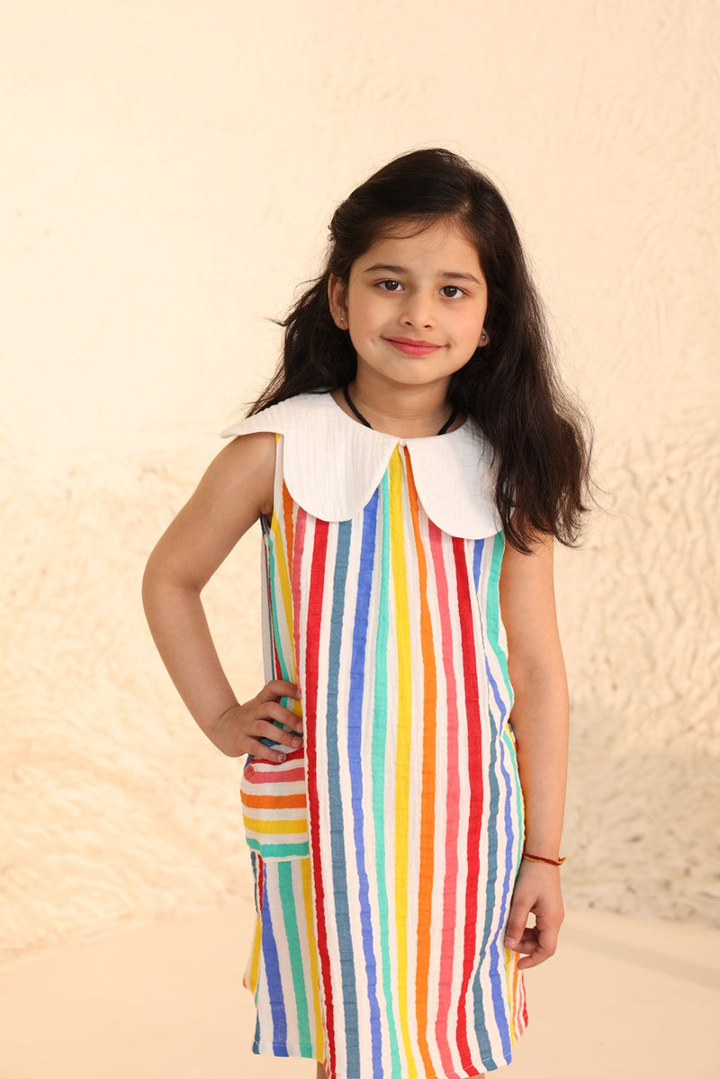 Spunkies Striped Sleeveless Dress with Peter Pan Collar