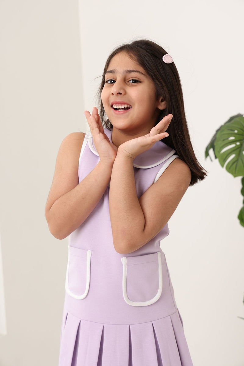 Spunkies Purple Girls Solid Peter Pan Collar Sleeveless Pleated A-Line Dress