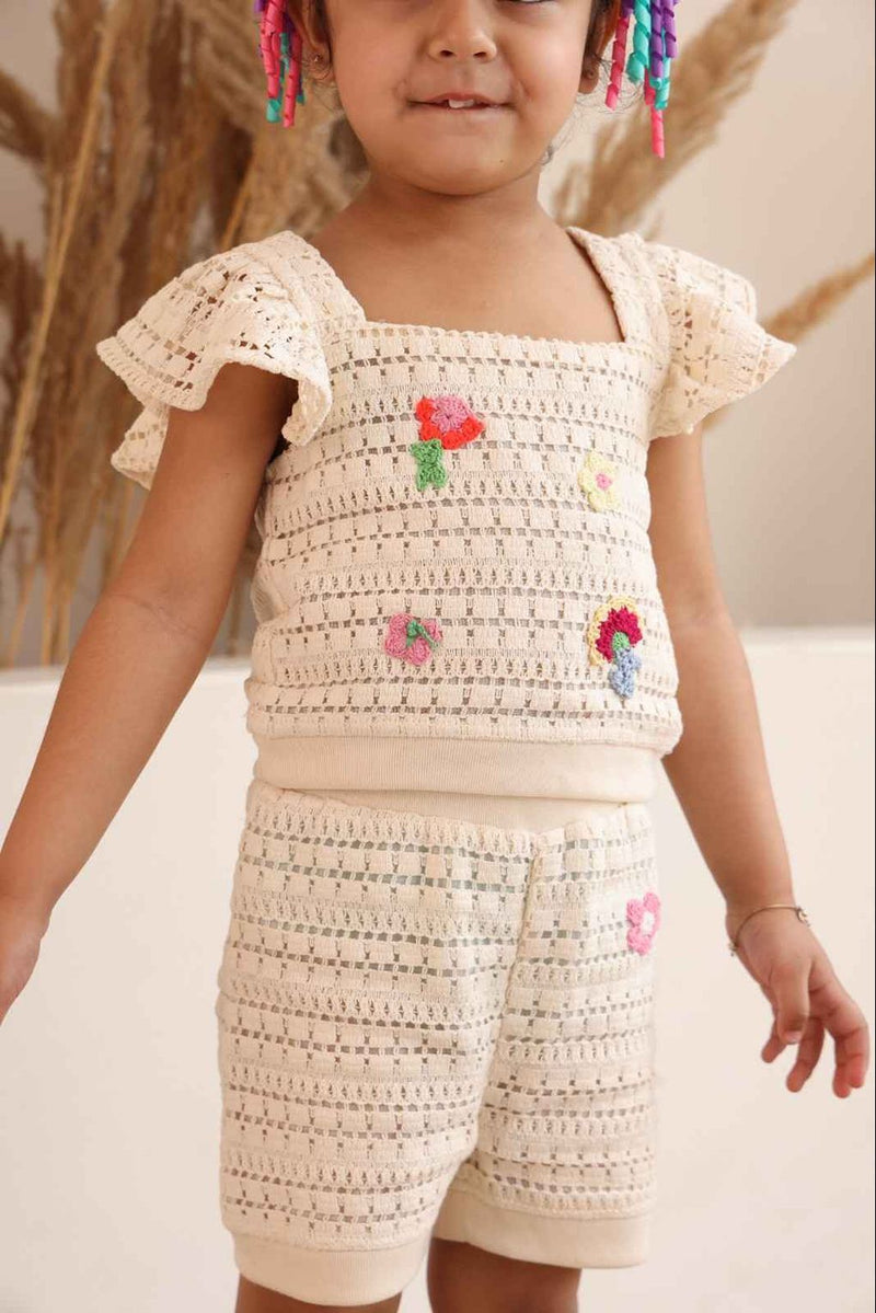 Spunkies Girls White All Over Printed Crew Neck Short Sleeves T-Shirt and Joggers Set